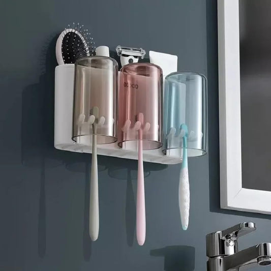 No-Drill Toothbrush Holder with 3 Cups – Wall Mounted Bathroom Organizer