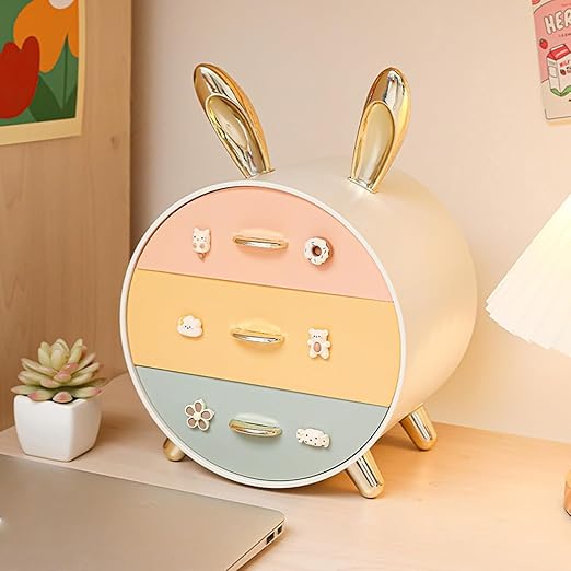 Space-Saving Three-Layer Storage Box with Cute Rabbit Ears for Organized Desks
