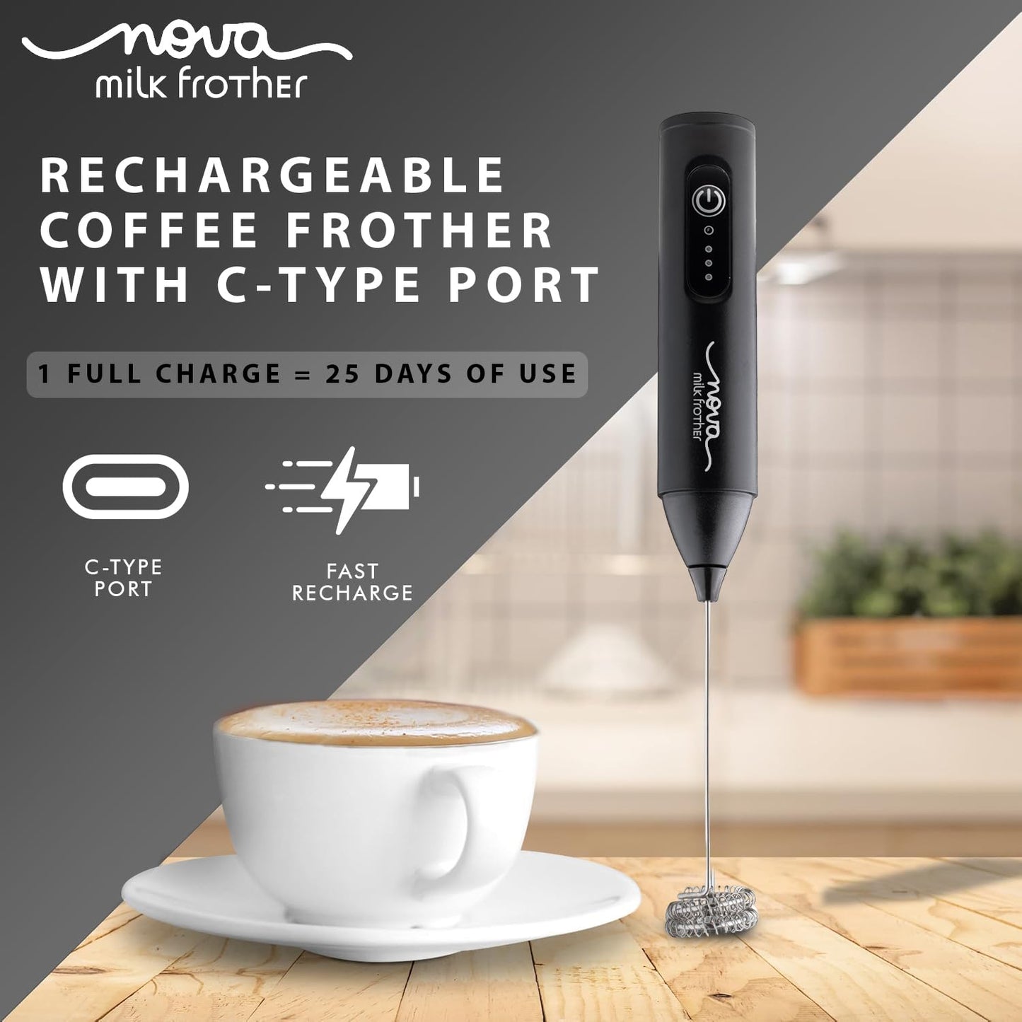 Rechargeable Milk Frother with Dual Spring & 3 Speed Modes | Whisper-Quiet Nova Coffee Beater