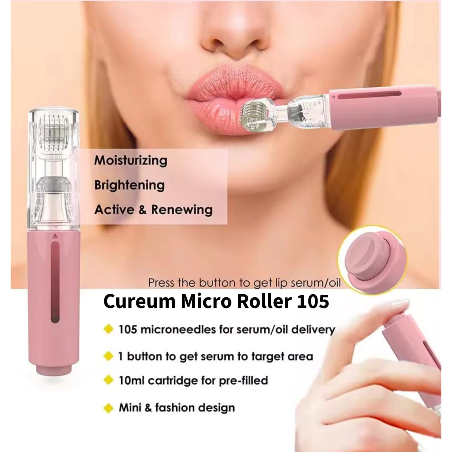 Cureum Lip Boost Derma Roller for Lips | 0.25mm Titanium Needles | Natural Lip Plumper with Serum Applicator