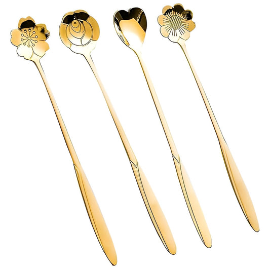 Gold Flower Stainless Steel Coffee Spoons – Set of 4 | Elegant & Durable Cutlery