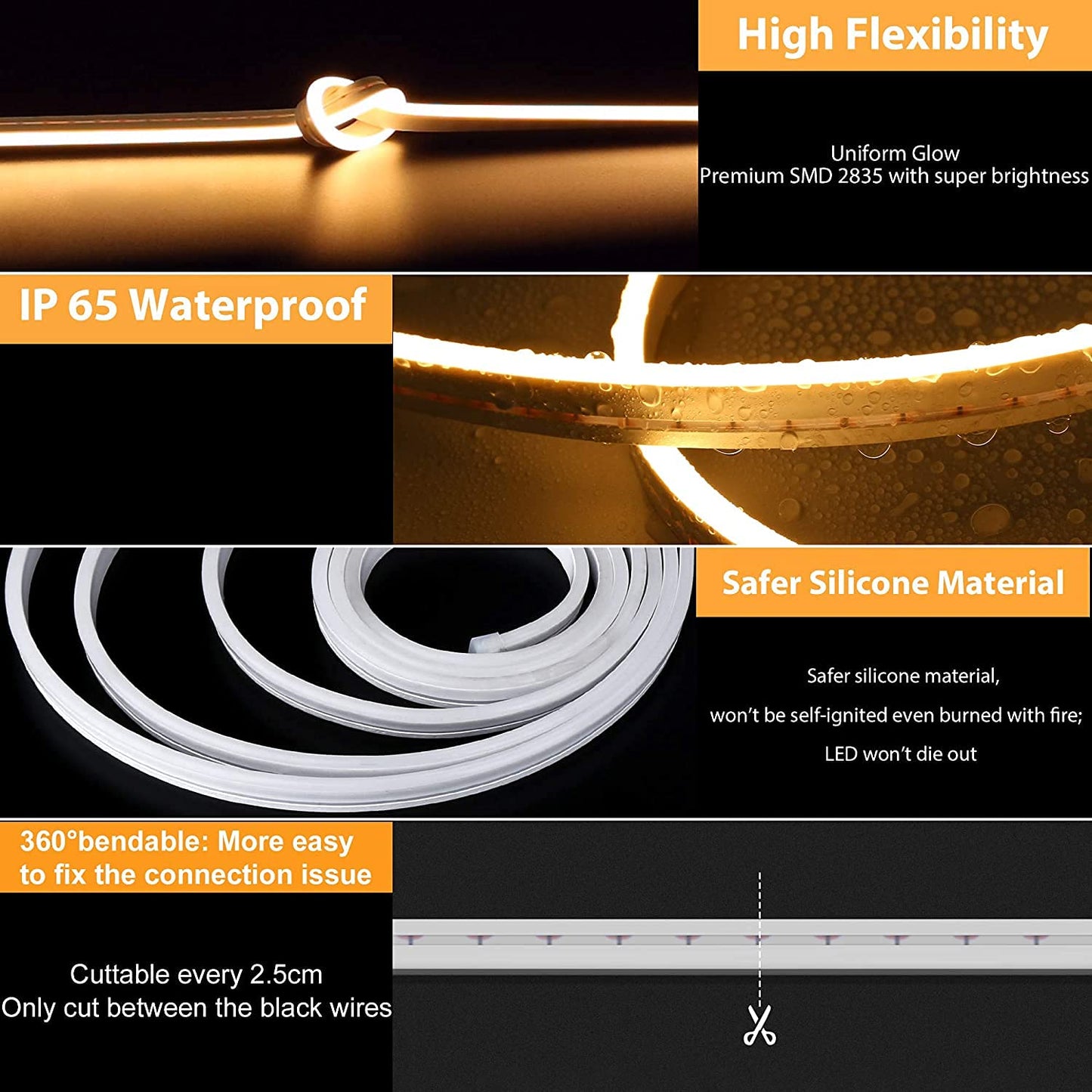 Cuttable & Extendable Neon Rope LED Strip Light – 12V Waterproof Silicone Strip for Home & Commercial Decor