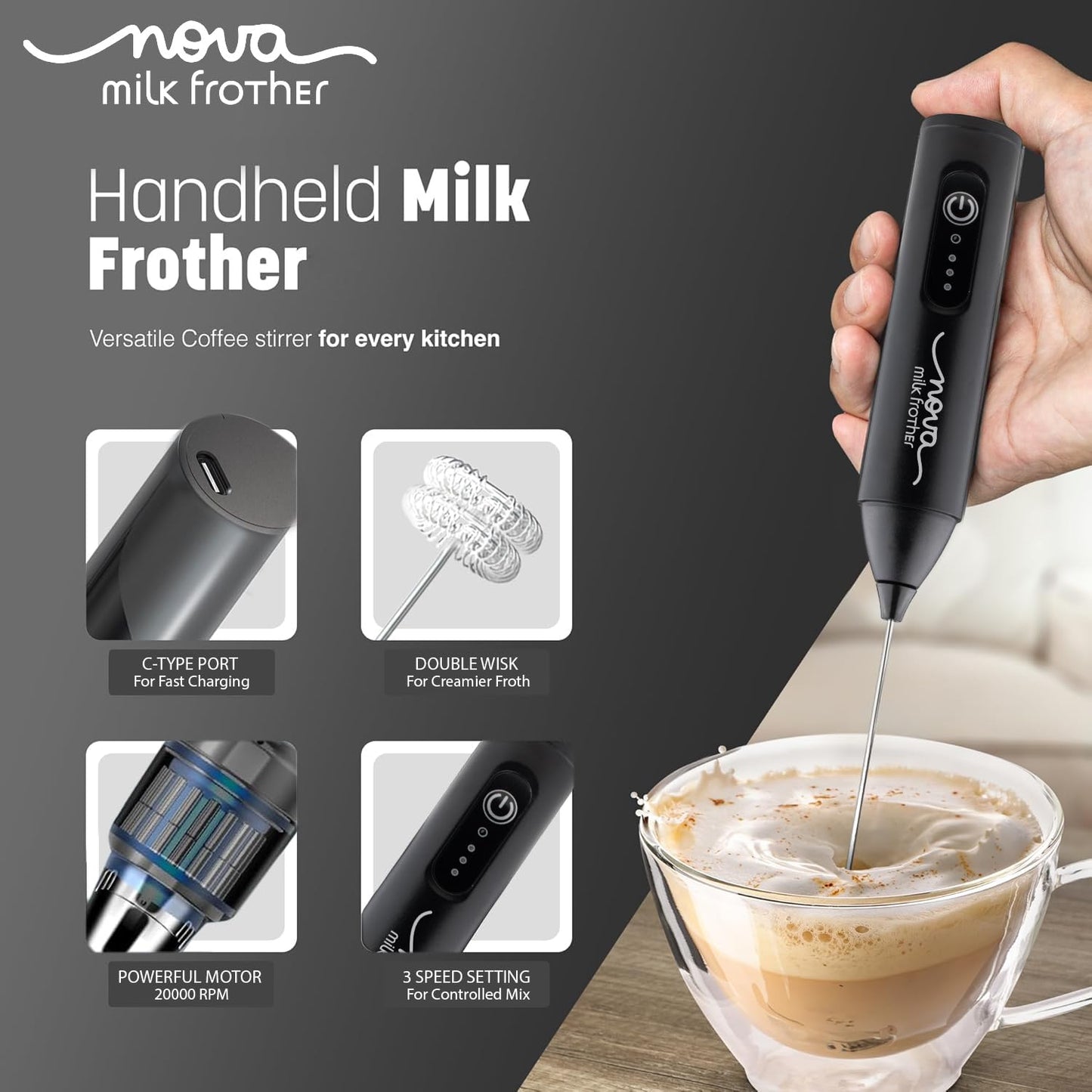 Rechargeable Milk Frother with Dual Spring & 3 Speed Modes | Whisper-Quiet Nova Coffee Beater