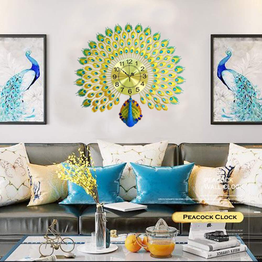 Luxury Peacock 3D Wall Clock | Golden Metal with Rhinestones & Silent Movement