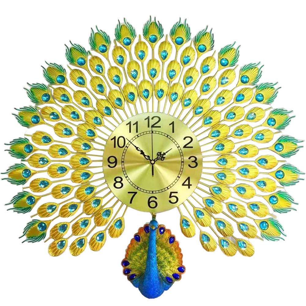 Luxury Peacock 3D Wall Clock | Golden Metal with Rhinestones & Silent Movement