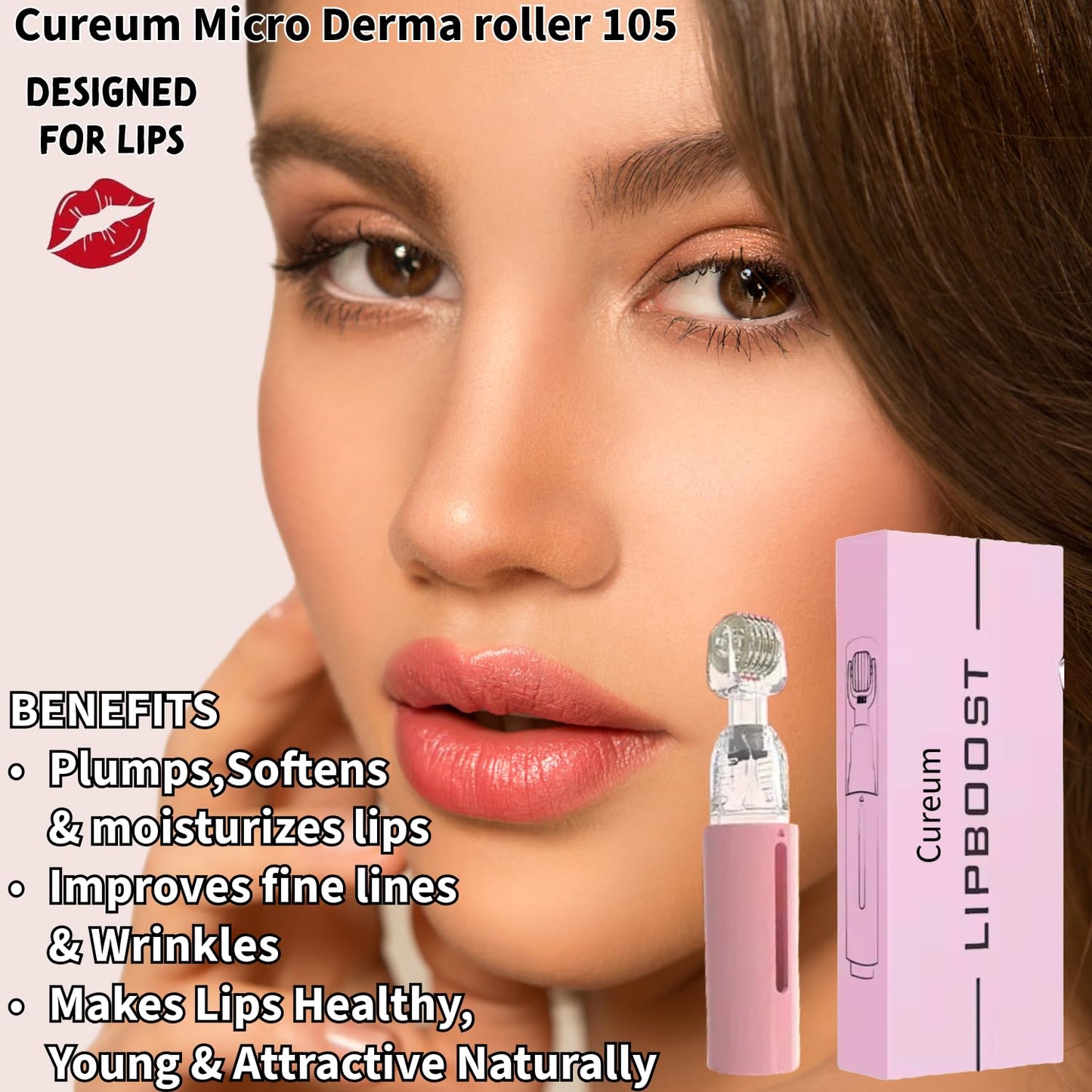 Cureum Lip Boost Derma Roller for Lips | 0.25mm Titanium Needles | Natural Lip Plumper with Serum Applicator
