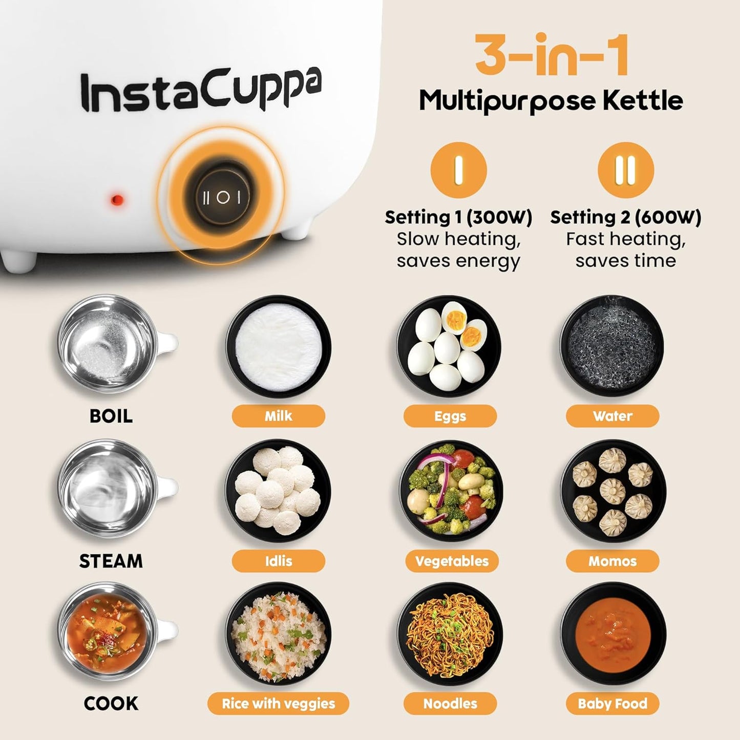 3-in-1 Electric Kettle Cooker – Steam, Boil, Cook | Ideal for Busy Moms