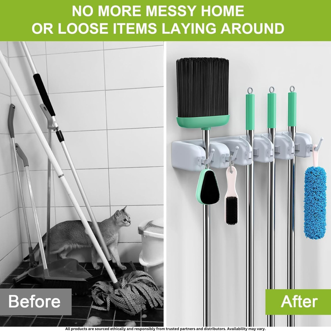 Heavy Duty Wall Mounted Broom & Mop Holder – 11-in-1 Tool Organizer for Garage, Kitchen & Utility (Grey) | Made in India