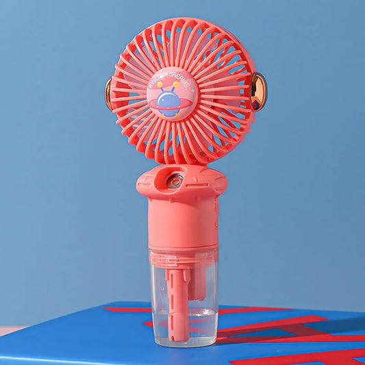 Mini Hand Fan with Mist Spray & Table Stand | Rechargeable, Portable Fan for Summer Cooling