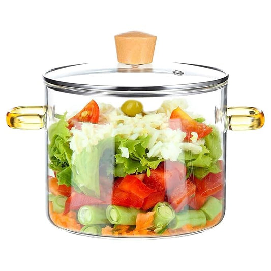 Glass Cookware Bowl with Lid – 1500ml Borosilicate Heat-Resistant Pot | Transparent with Wooden Handle