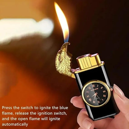 Business Black Golden Metal Lighter with Integrated Clock | Adjustable Flame | LPG Fuel