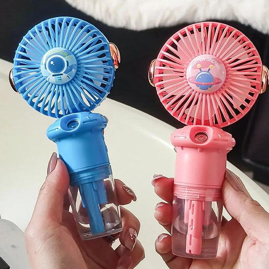 Mini Hand Fan with Mist Spray & Table Stand | Rechargeable, Portable Fan for Summer Cooling