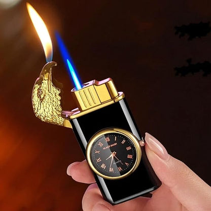 Business Black Golden Metal Lighter with Integrated Clock | Adjustable Flame | LPG Fuel