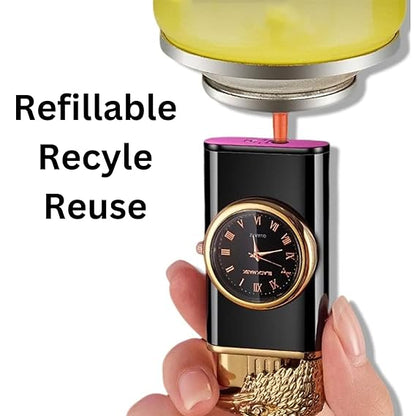 Business Black Golden Metal Lighter with Integrated Clock | Adjustable Flame | LPG Fuel