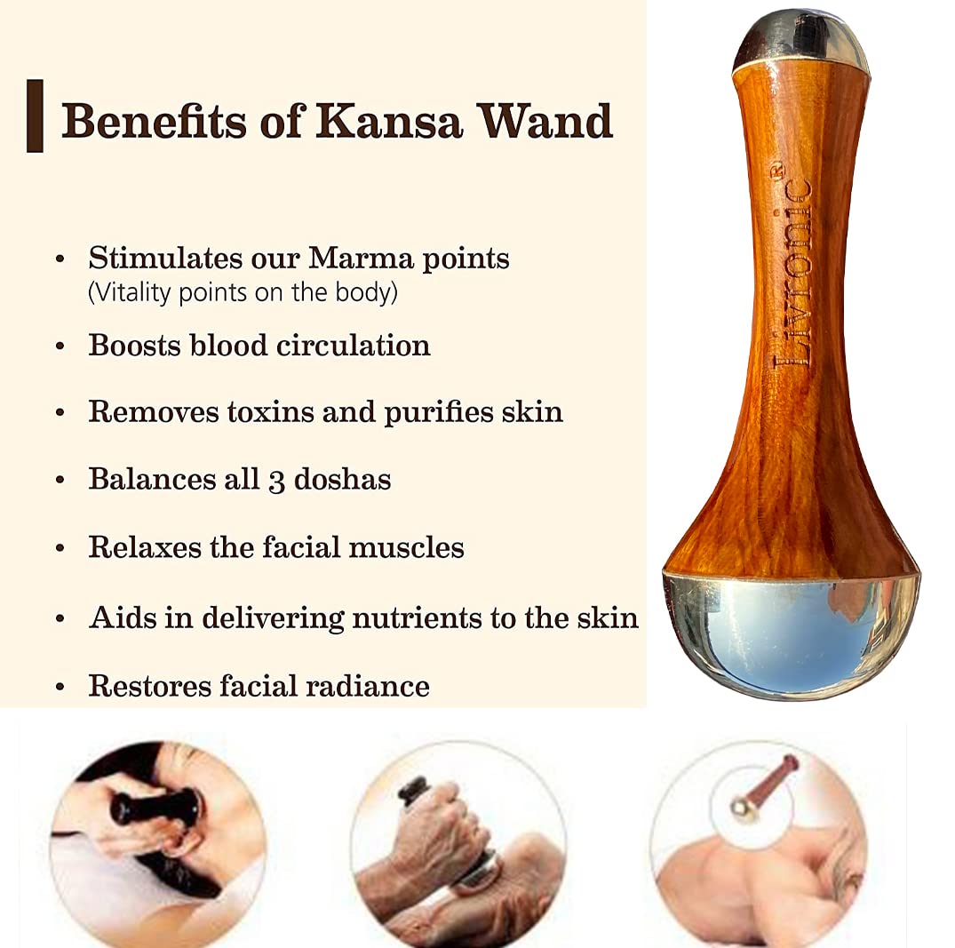 KANSA Wand Ayurvedic Face Massage Tool | Detoxifying Bronze Massager with Teakwood Handle
