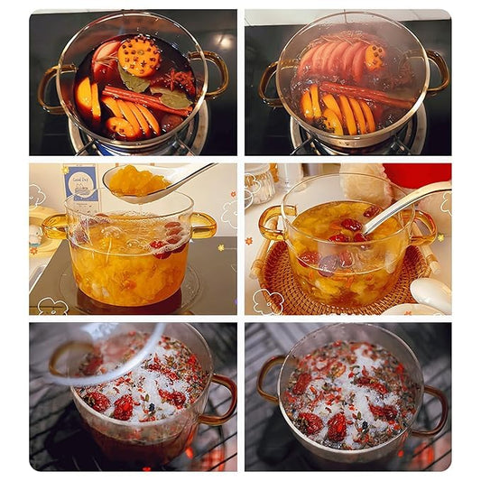 Glass Cookware Bowl with Lid – 1500ml Borosilicate Heat-Resistant Pot | Transparent with Wooden Handle