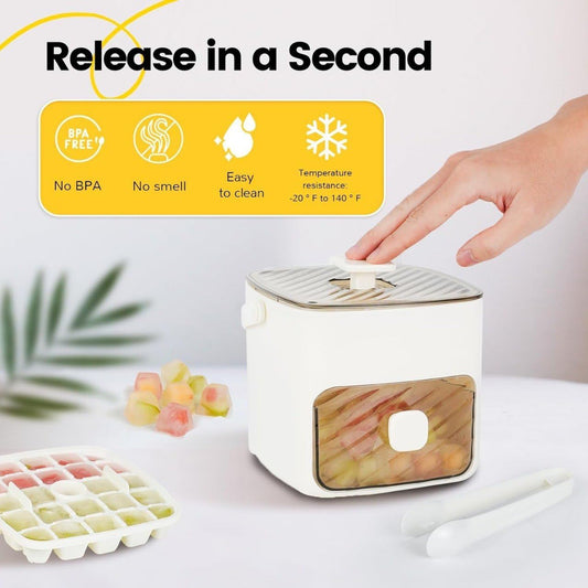 Ice Tray with Lid, Box & Tongs – Quick Release | Durable & BPA-Free | Includes Silicone Handle