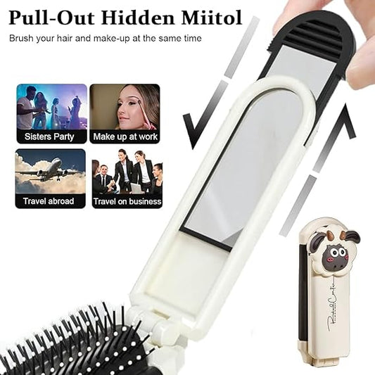 Portable Folding Hair Comb with Mirror – Cute Cartoon Sheep Design