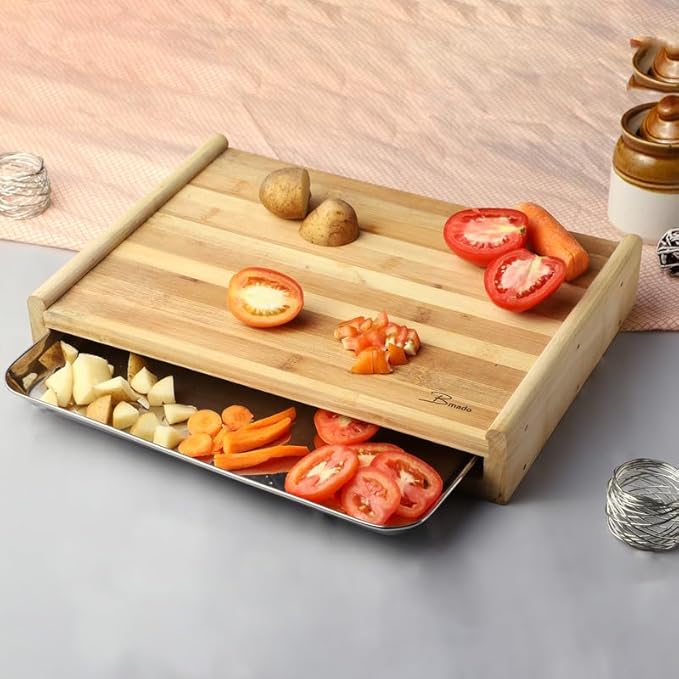 Teak Wood Chopping Board with Stainless Steel Tray – Durable, Eco-Friendly & Hygienic