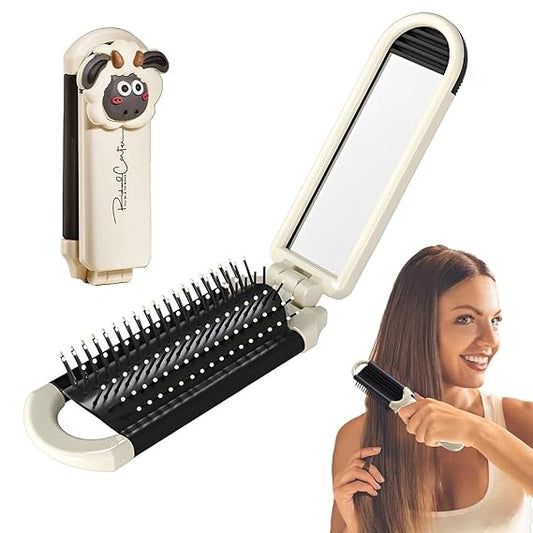 Portable Folding Hair Comb with Mirror – Cute Cartoon Sheep Design