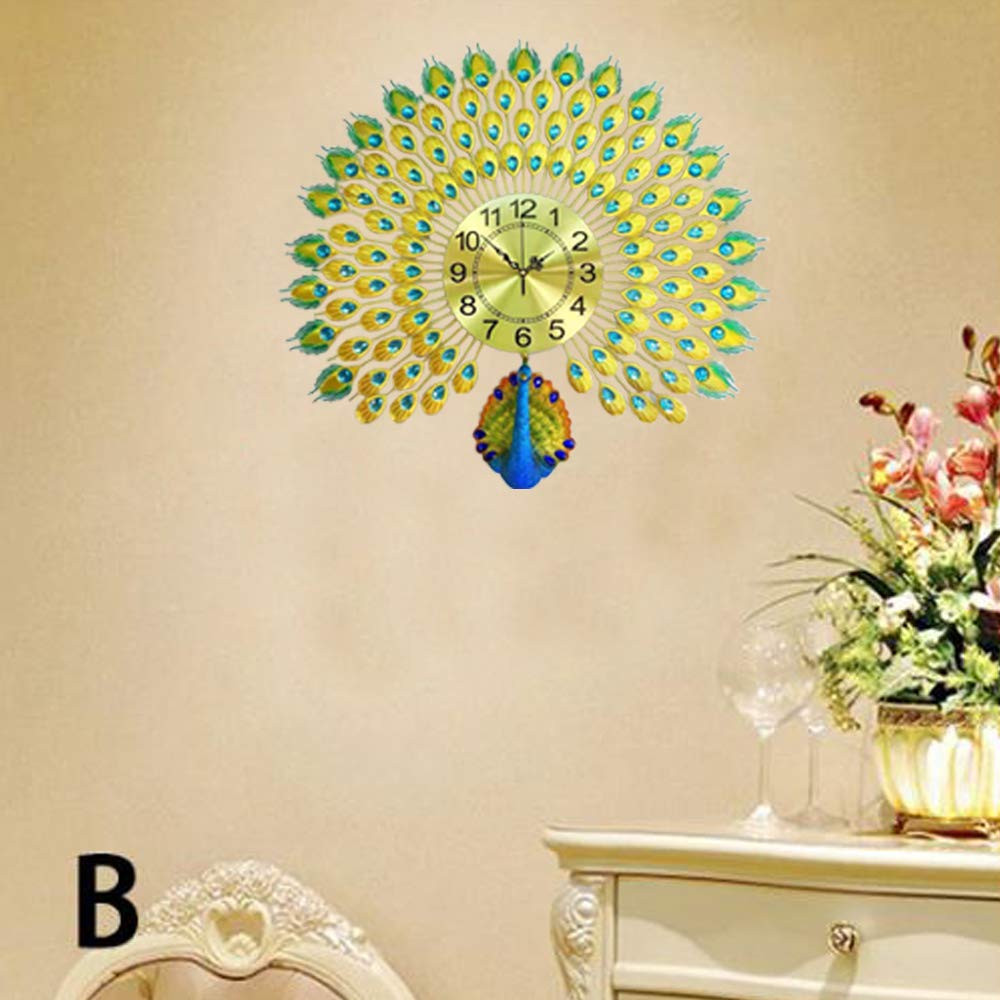 Luxury Peacock 3D Wall Clock | Golden Metal with Rhinestones & Silent Movement