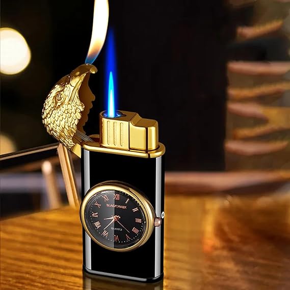 Business Black Golden Metal Lighter with Integrated Clock | Adjustable Flame | LPG Fuel