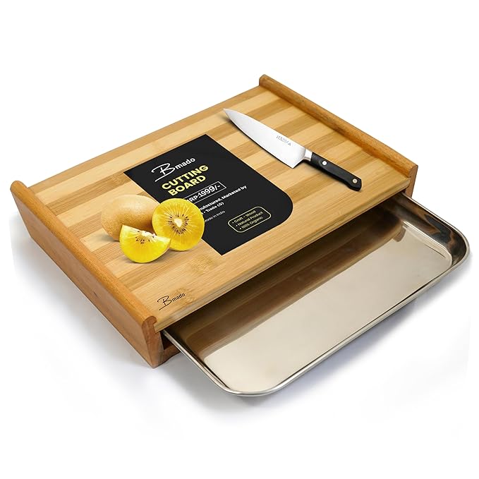 Teak Wood Chopping Board with Stainless Steel Tray – Durable, Eco-Friendly & Hygienic