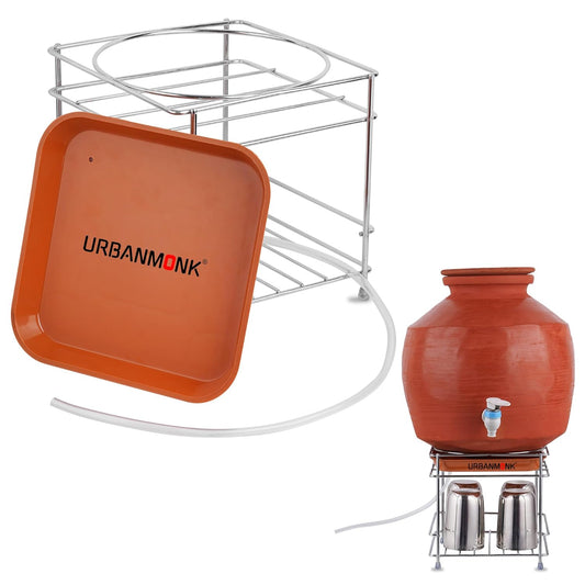 UrbanMonk Stainless Steel Matka Stand | 3-in-1 Pot Stand with Tray & Glass Holder