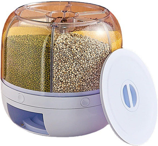 360° Rotating Rice Storage Container – 6-Grid Cereal Dispenser