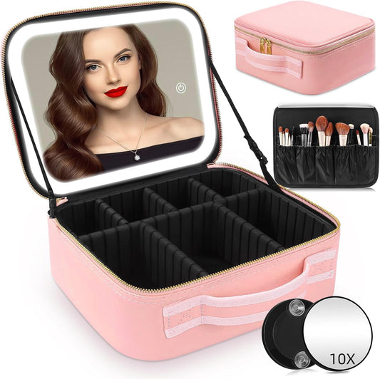 LED Light Makeup Bag with Mirror | Adjustable Dividers & Brush Slots | Travel Cosmetic Case – Rose Gold