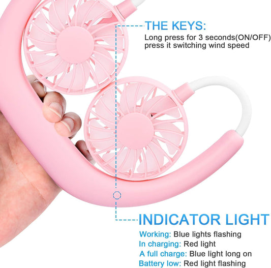 Wearable Neck Fan with 3 Speed Settings & 360° Rotation | USB Rechargeable, 2000mAh Battery