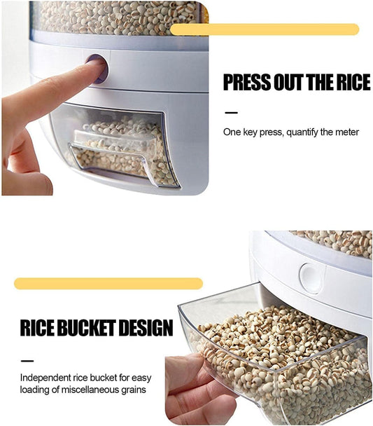 360° Rotating Rice Storage Container – 6-Grid Cereal Dispenser