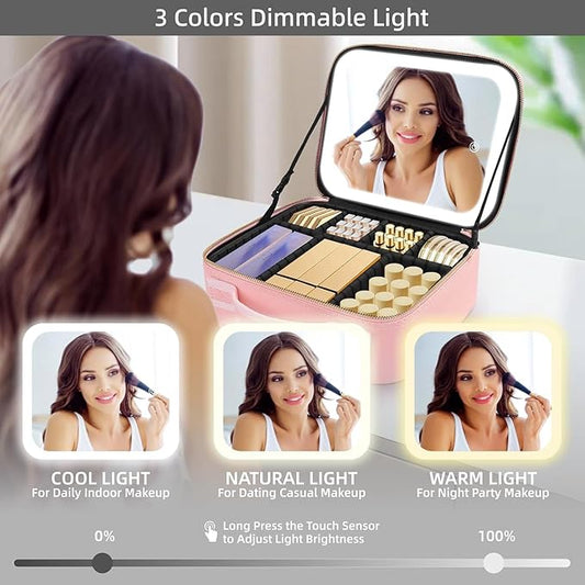 LED Light Makeup Bag with Mirror | Adjustable Dividers & Brush Slots | Travel Cosmetic Case – Rose Gold