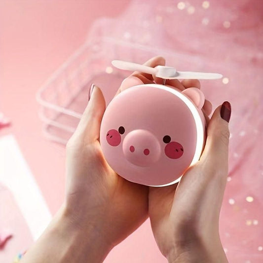 Cute Pig LED Mirror Pocket Fan | Rechargeable Mini Handheld USB Fan
