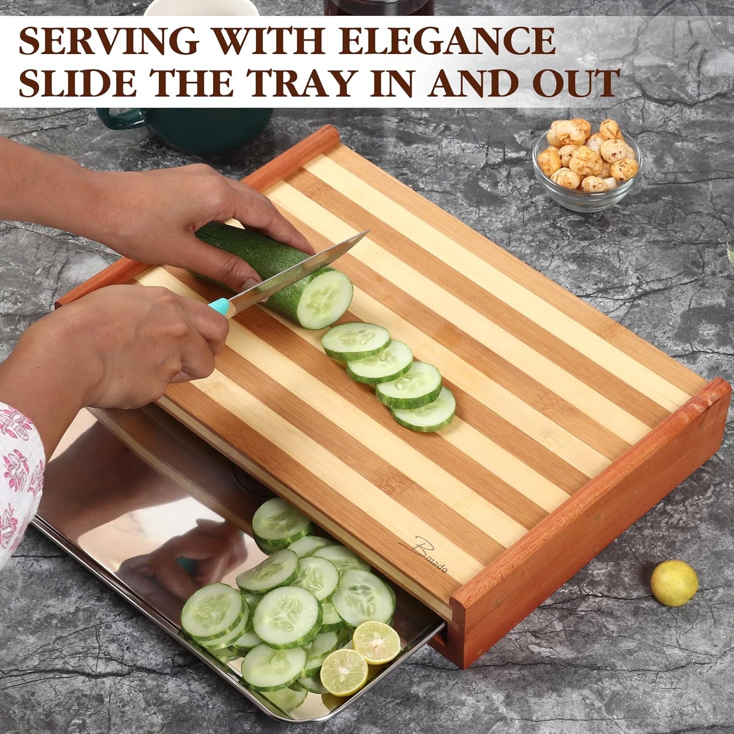 Teak Wood Chopping Board with Stainless Steel Tray – Durable, Eco-Friendly & Hygienic
