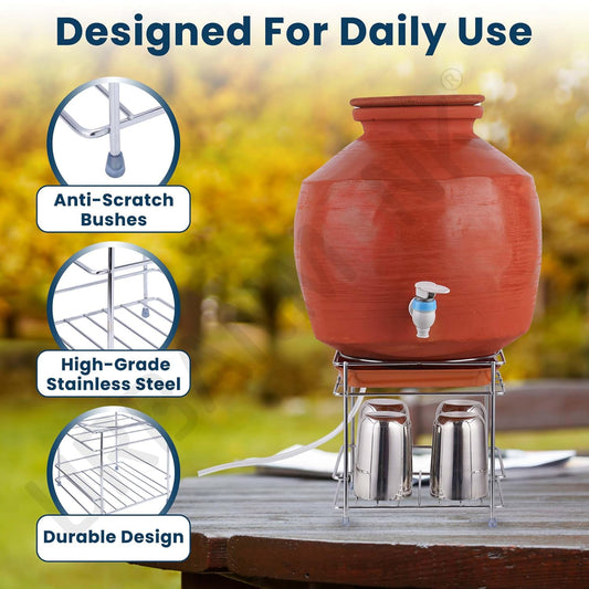 UrbanMonk Stainless Steel Matka Stand | 3-in-1 Pot Stand with Tray & Glass Holder