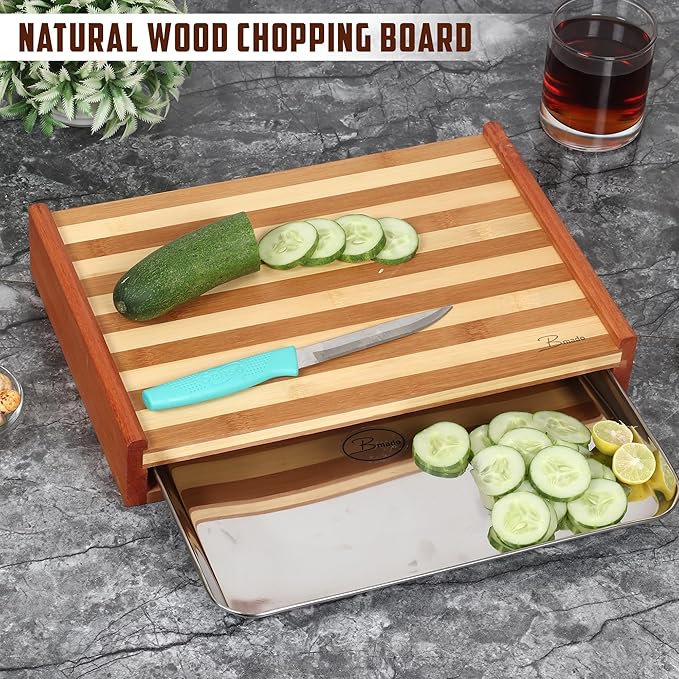 Teak Wood Chopping Board with Stainless Steel Tray – Durable, Eco-Friendly & Hygienic