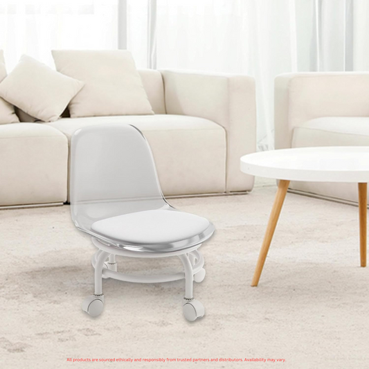 Low Rolling Stool with Backrest – 360° Swivel, Comfortable & Versatile
