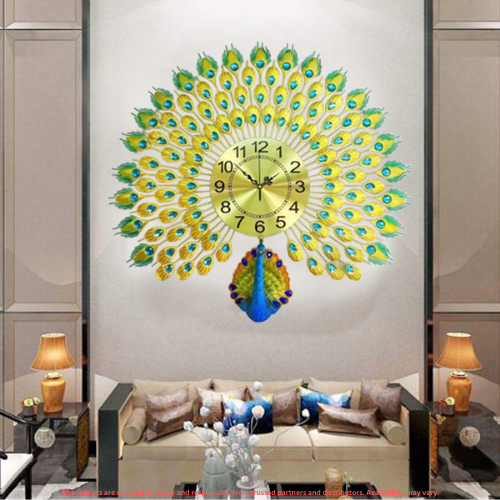 Luxury Peacock 3D Wall Clock | Golden Metal with Rhinestones & Silent Movement